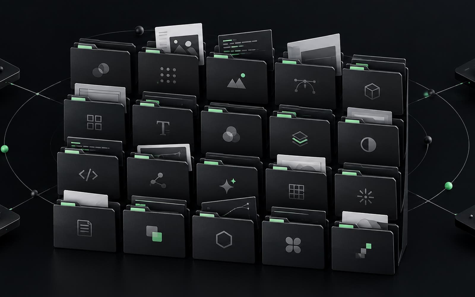 Nineteen dark folders arranged as the TailThemes Design Skills Library