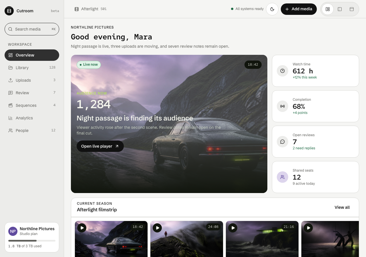 Cutroom Next.js media dashboard template — home page