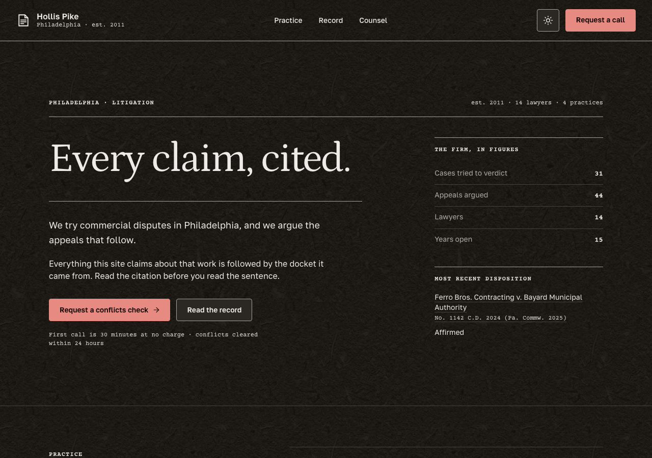 Docket – Law Firm & Professional Services home page, dark mode