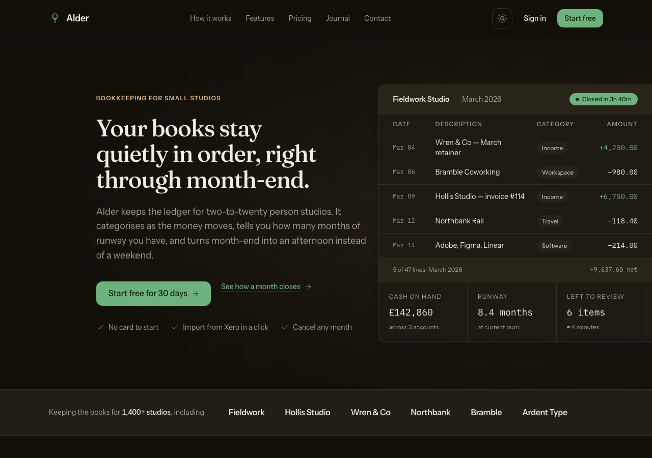 Grove home page, dark mode