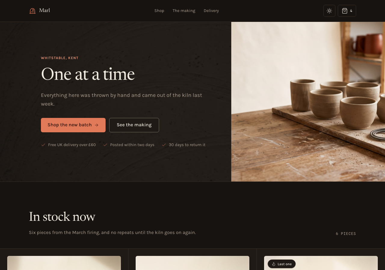 Kiln home page, dark mode