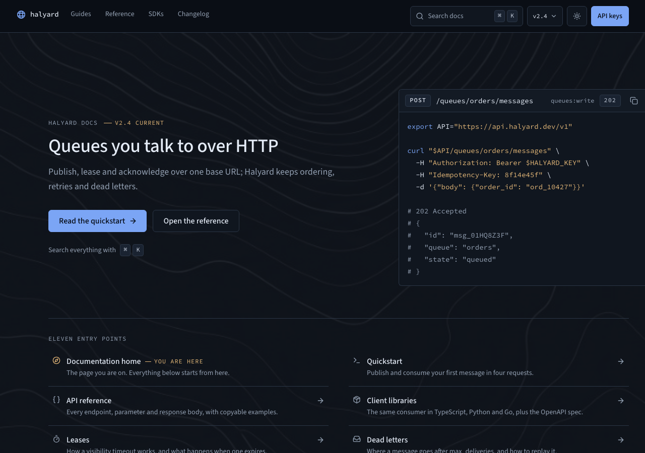 Meridian — Docs & API Reference home page, dark mode