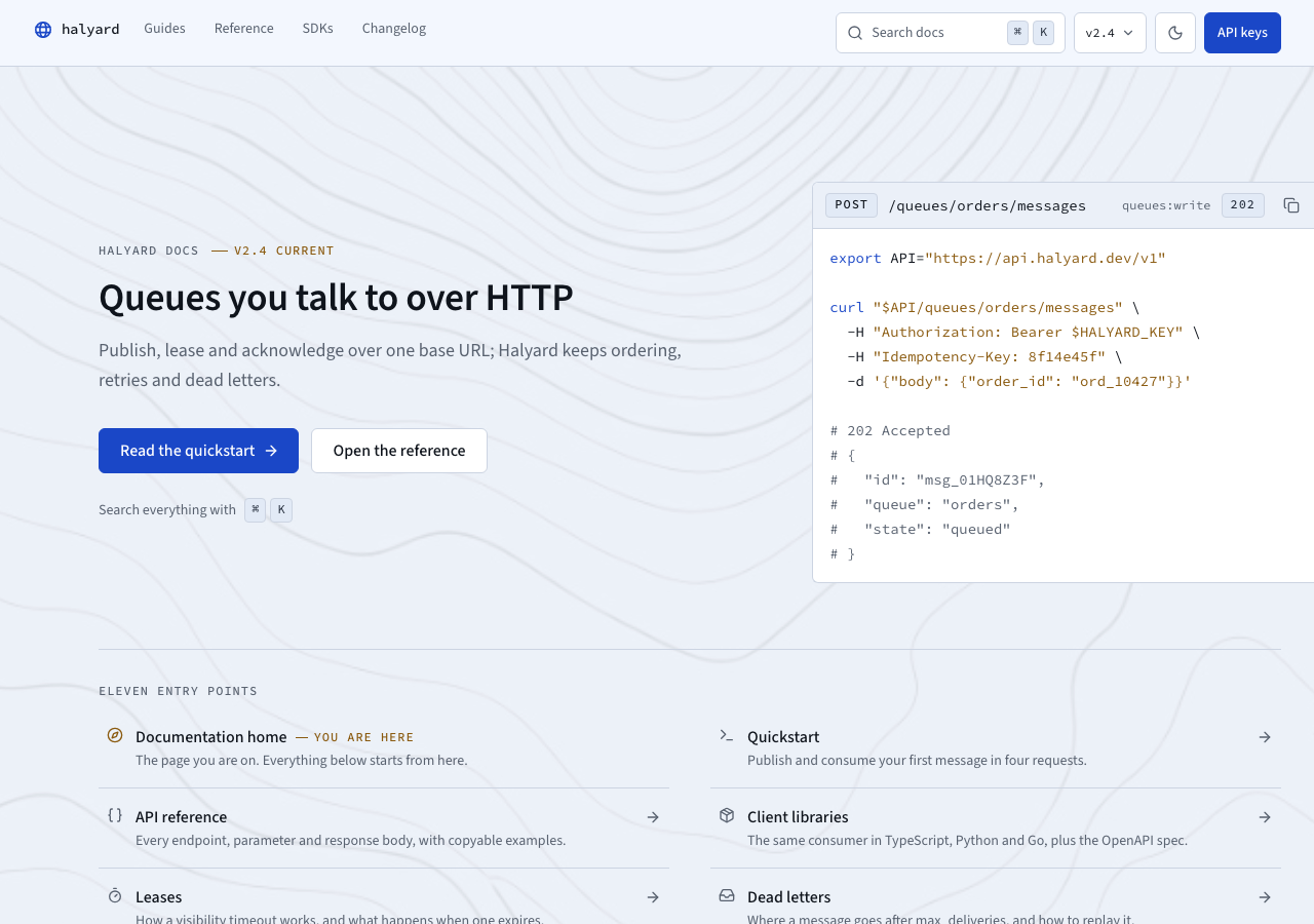 Meridian — Docs & API Reference home page, light mode