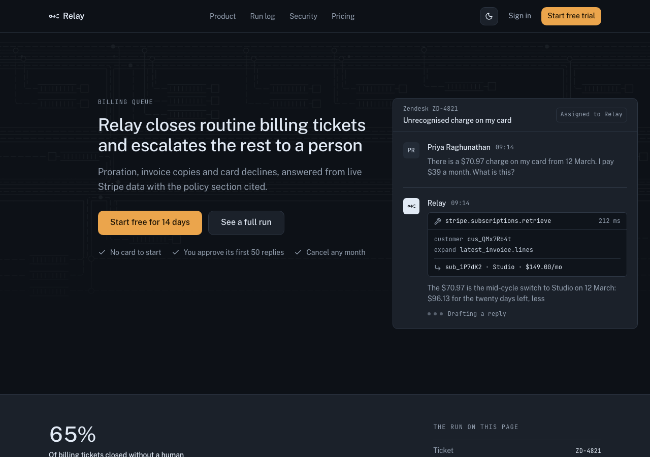 Relay — AI Agent Product Landing home page, dark mode