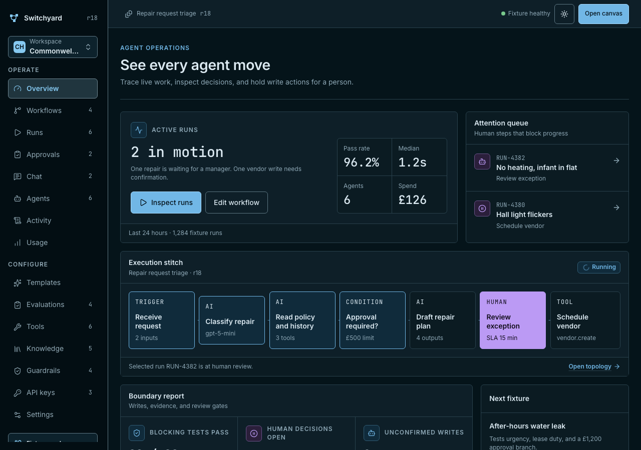Switchyard home page, dark mode