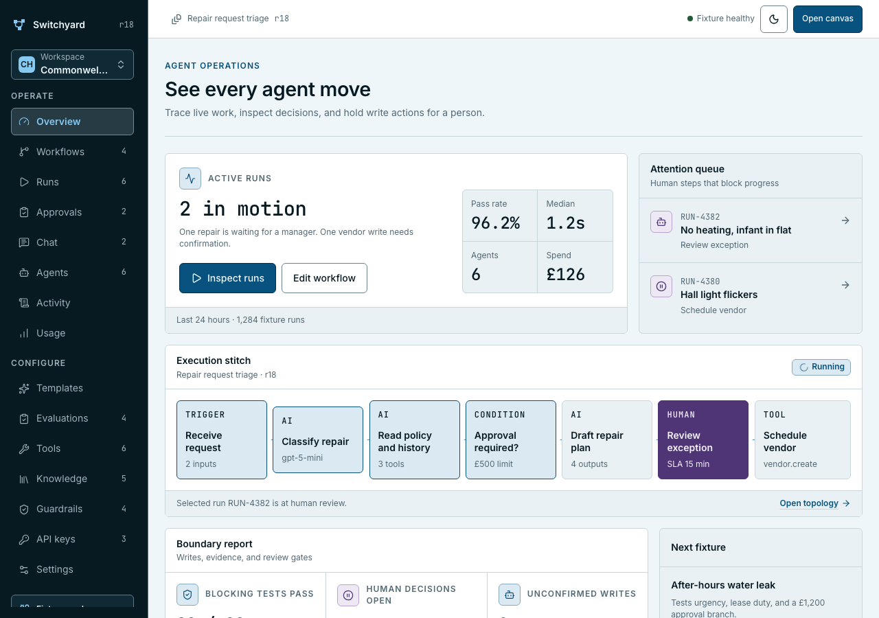 Switchyard home page, light mode