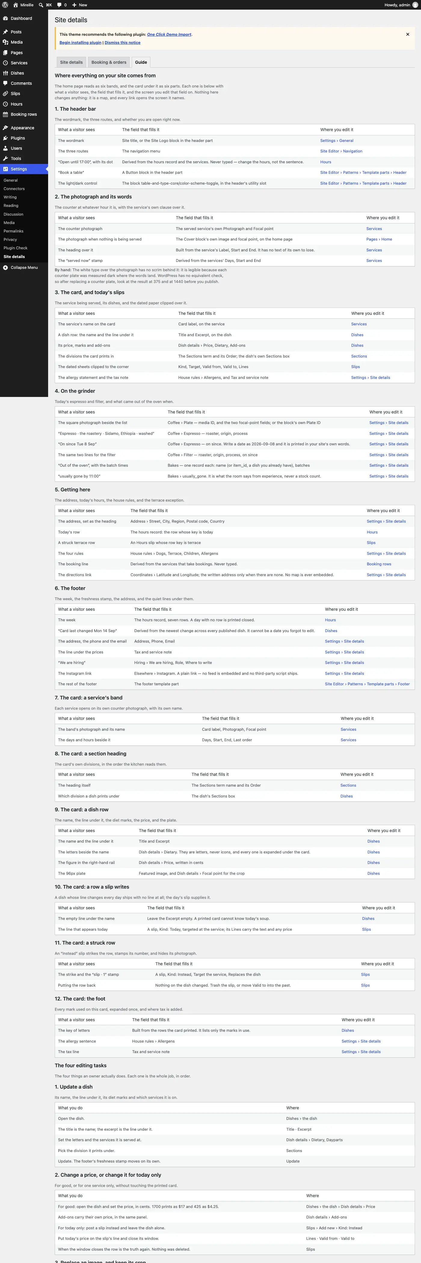 The Guide tab at Settings, Site details: each region as a three-column table of what a visitor
sees, the field that fills it and where it is edited.