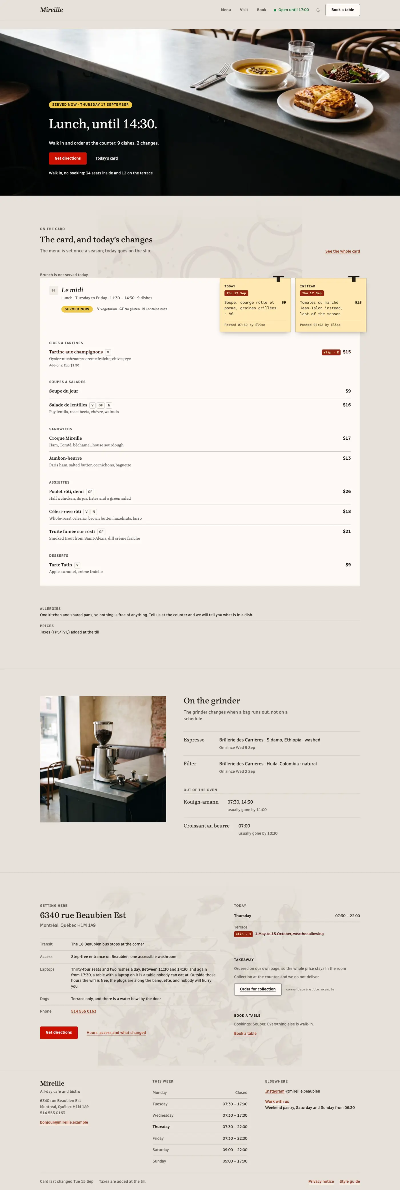 The Mireille demo home page at desktop width: a full-bleed counter photograph with the service
being served set straight on it, then the printed card with the day's slips clipped to
it.