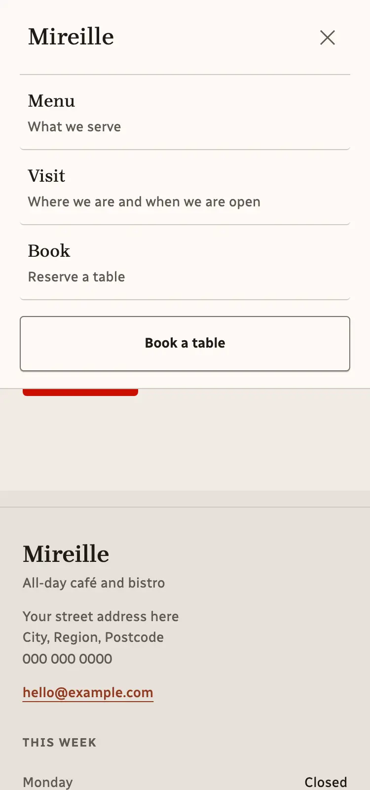 The mobile navigation panel open at phone width: full-width rows, one clause
each.