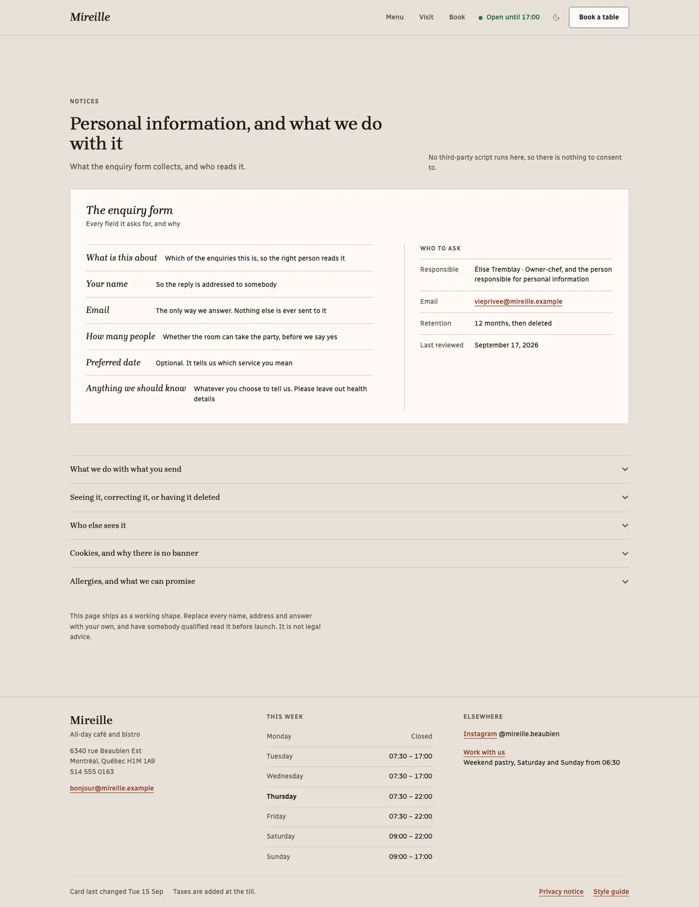 The notices page: one row per field the enquiry form collects, the named person responsible and
how long it is kept, then the questions a reader actually asks as closed
disclosures.