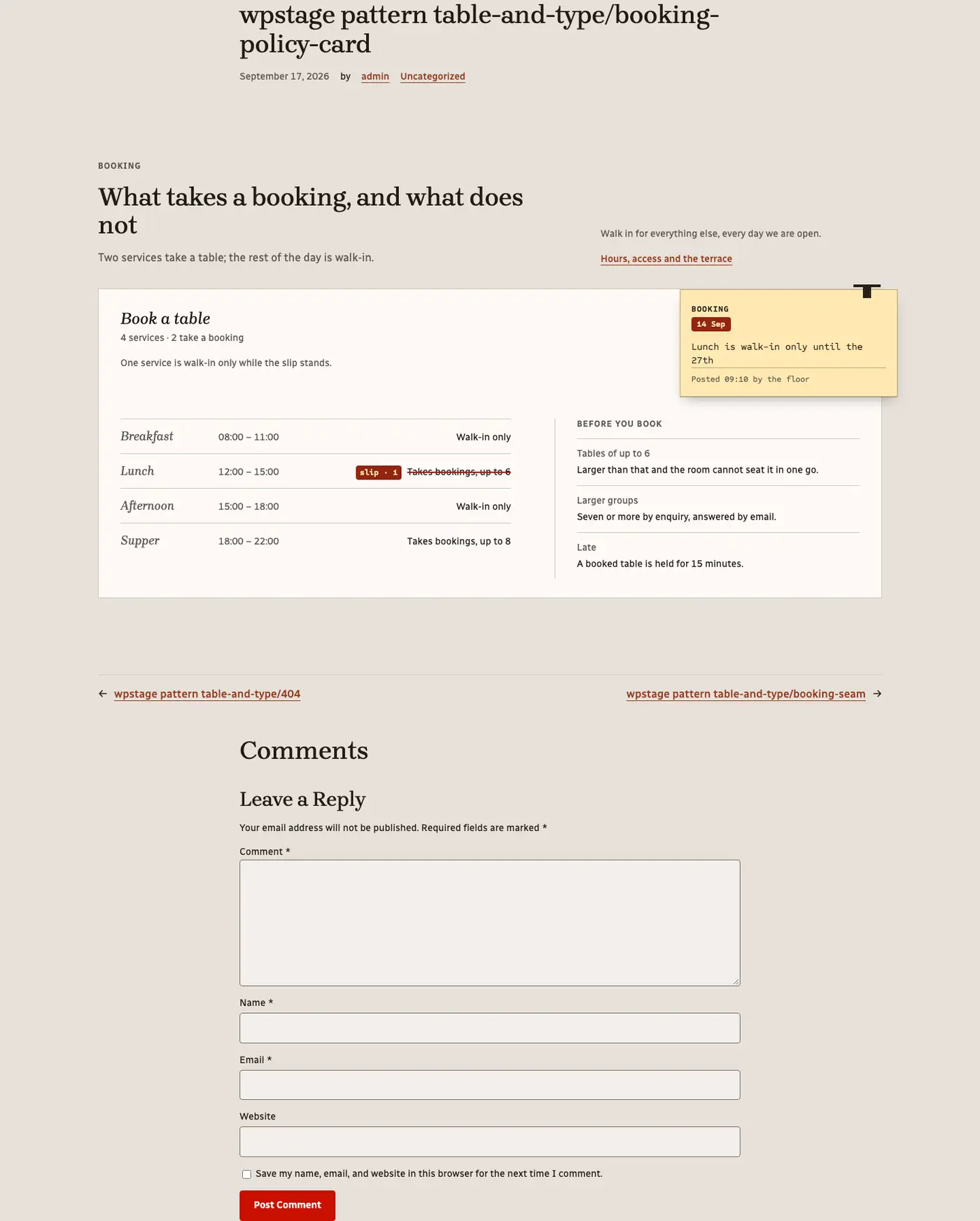 Booking policy, service by service