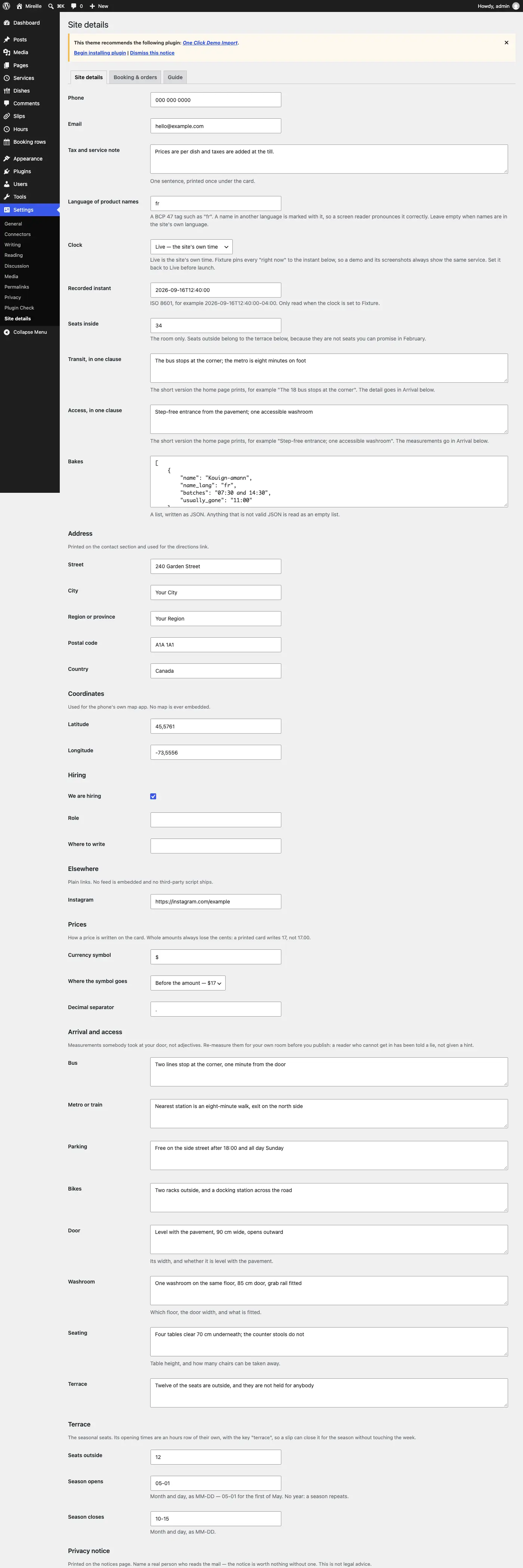 Settings, Site details, with the flat fields in one table and each grouped object under its own
heading.