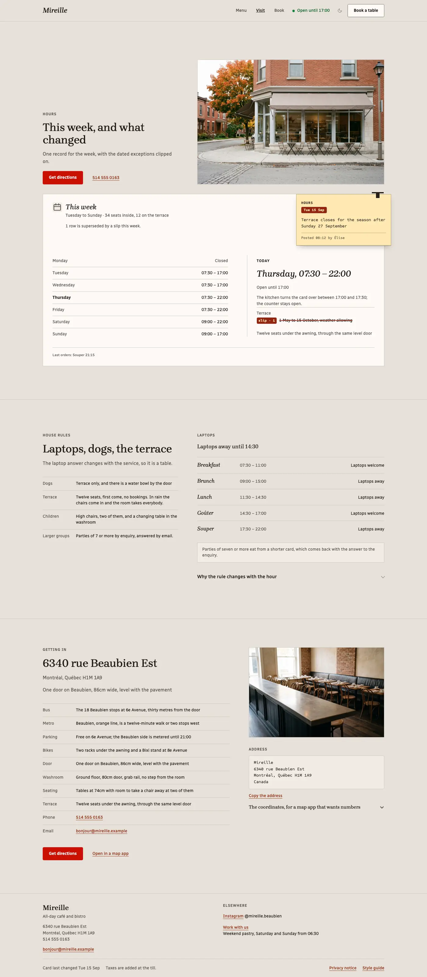 The visit page: the week as a card with today marked and the terrace row struck, the house rules
with the answer per service, then the door and the way to it.